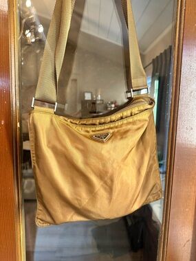 Prada Gold tan nylon Triangle Logo Crossbody Bag